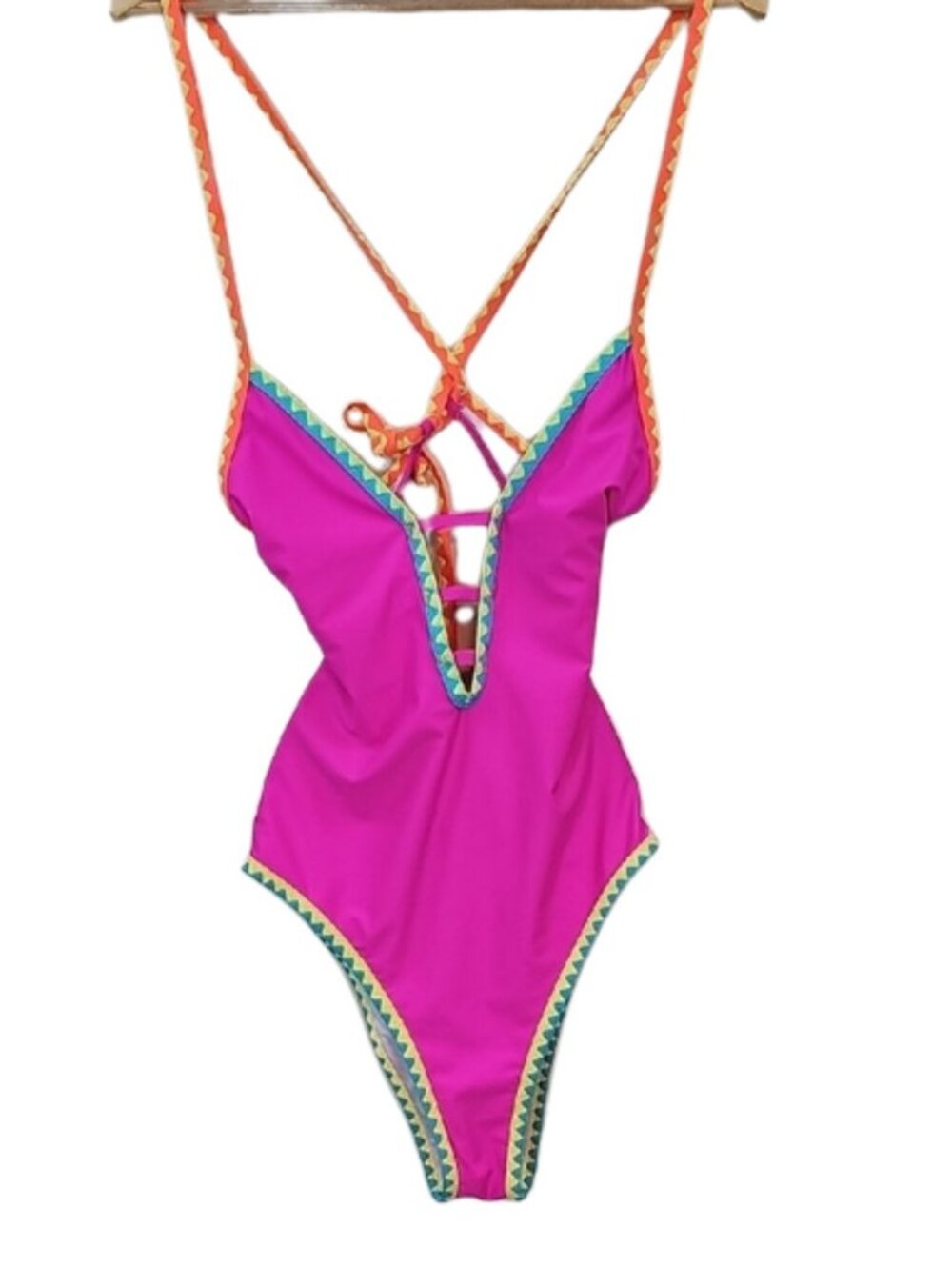 Bright Magenta One-Piece Swimsuit with Orange Trim
